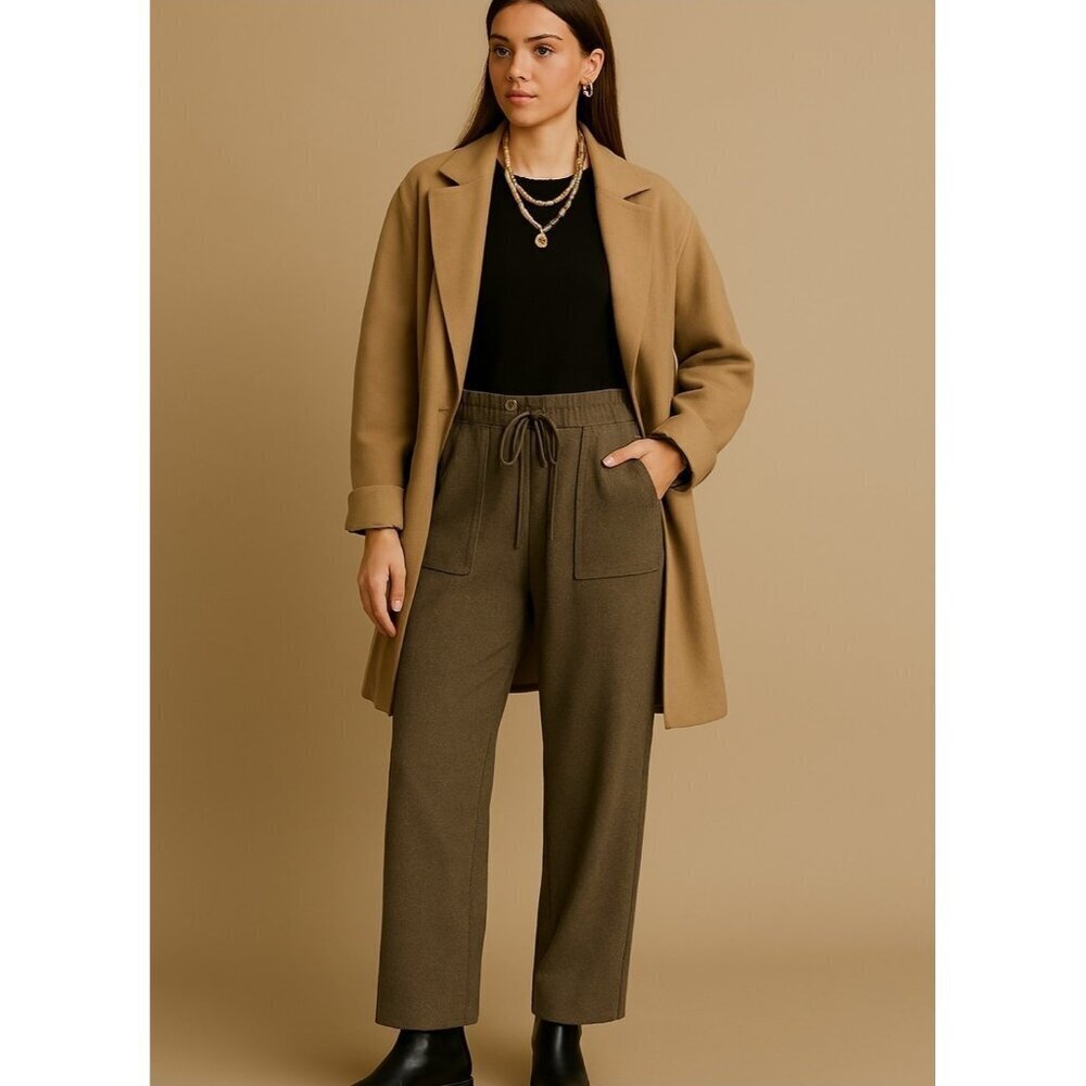 Moia wool blend pants womens brown drawstring elastic waist pockets Korean style